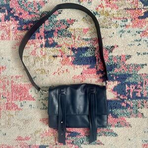 All Saints navy Fin Lea Box Bag lamb leather